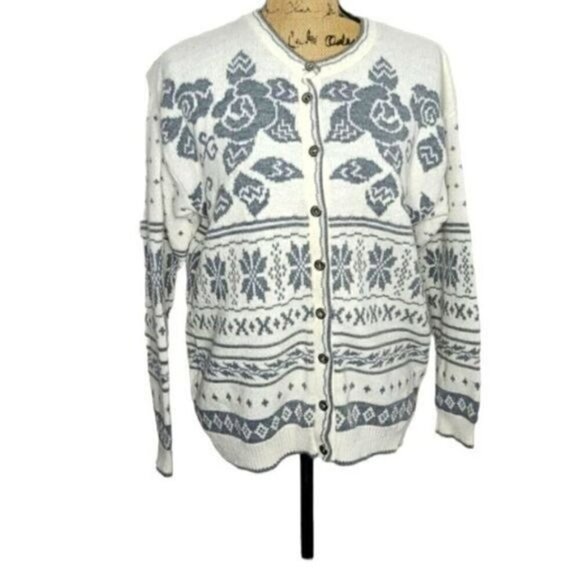 Vintage 70s Fair Isle White Nordic Knit Cardigan Sweater Rose Snowflake - Picture 2 of 15